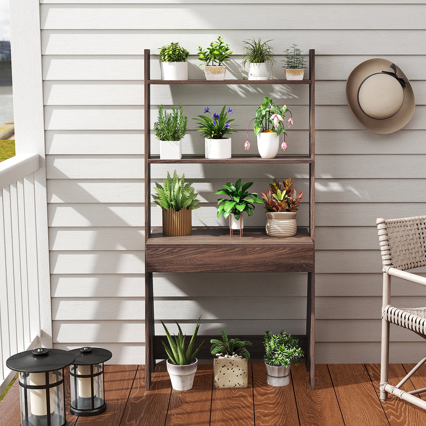 Ladder Shelf Desk Bookcase with Countertop Drawer and 2 Shelves-Walnut Kids Crystal