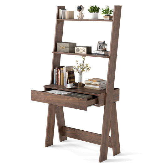 Ladder Shelf Desk Bookcase with Countertop Drawer and 2 Shelves-Walnut Kids Crystal