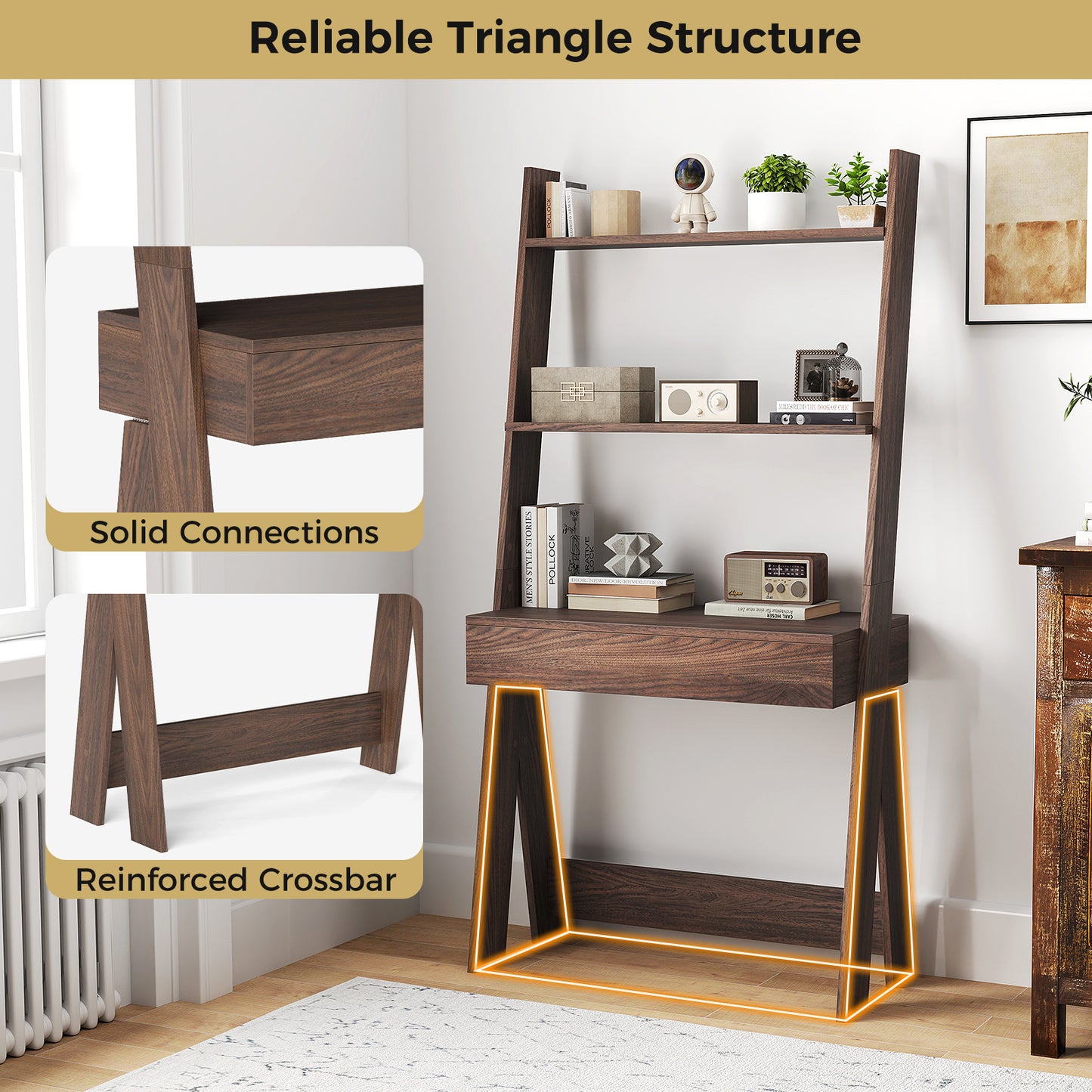 Ladder Shelf Desk Bookcase with Countertop Drawer and 2 Shelves-Walnut Kids Crystal