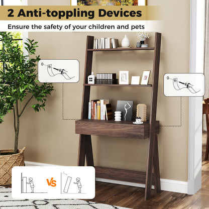 Ladder Shelf Desk Bookcase with Countertop Drawer and 2 Shelves-Walnut