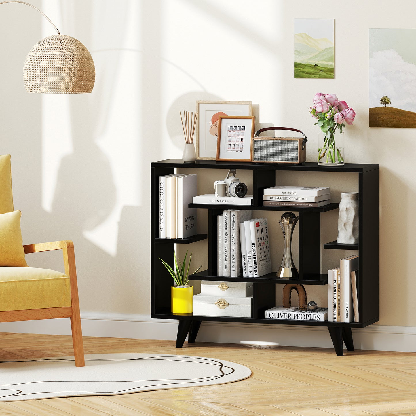 Geometric Bookcase with Anti-Tipping Kit and Storage Shelving Unit-Black Kids Crystal
