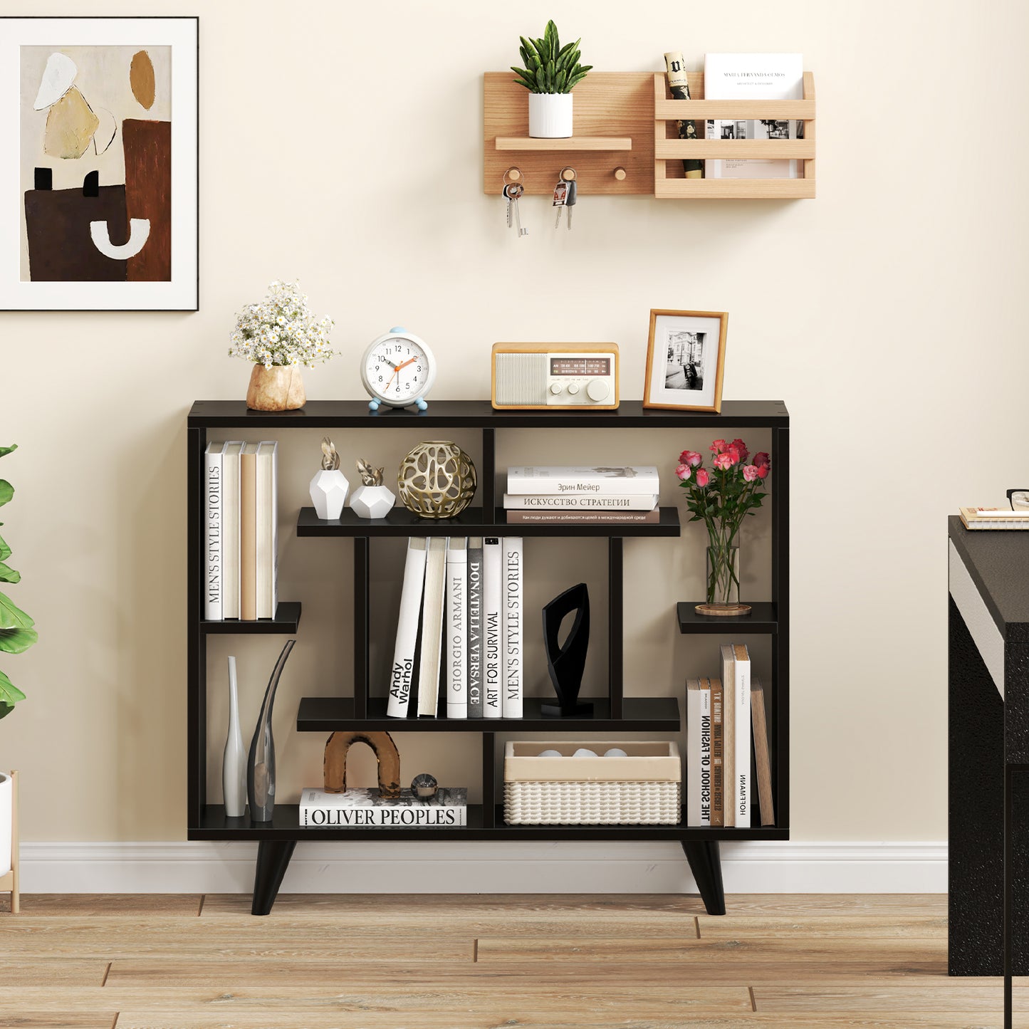 Geometric Bookcase with Anti-Tipping Kit and Storage Shelving Unit-Black Kids Crystal