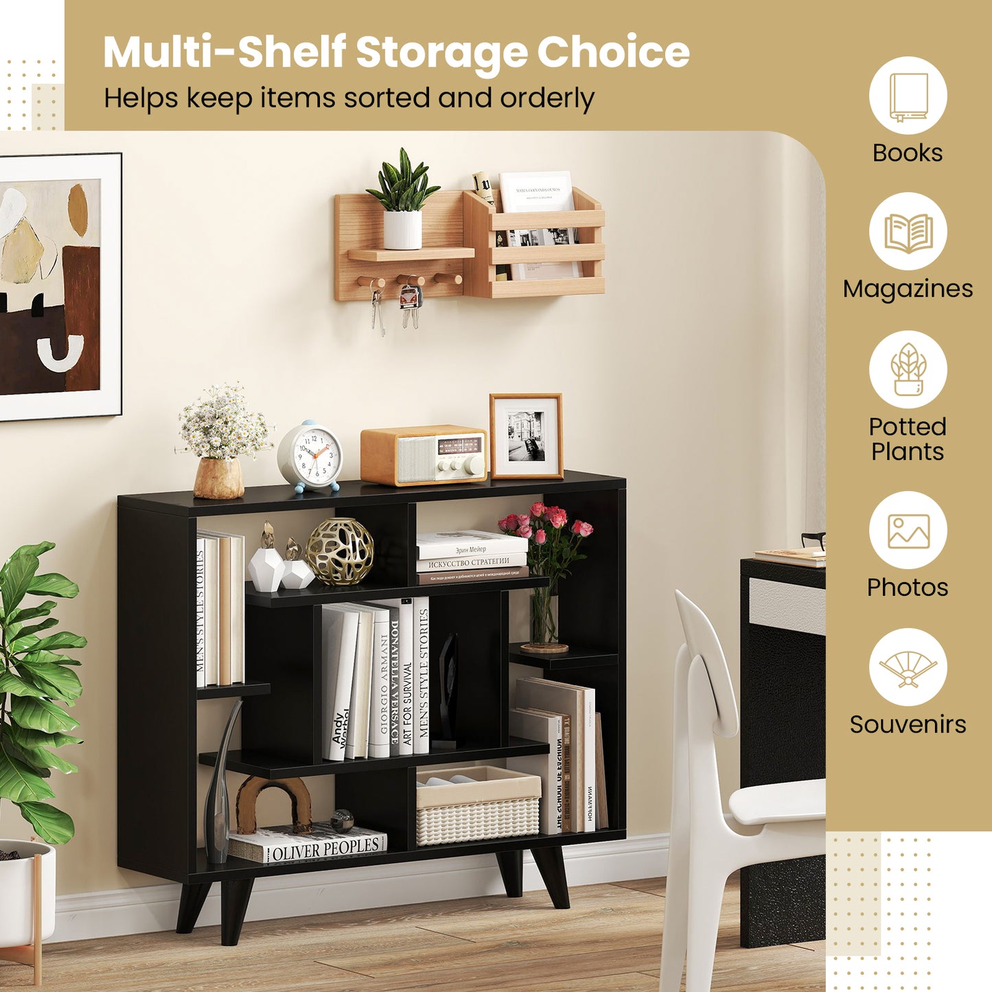 Geometric Bookcase with Anti-Tipping Kit and Storage Shelving Unit-Black Kids Crystal