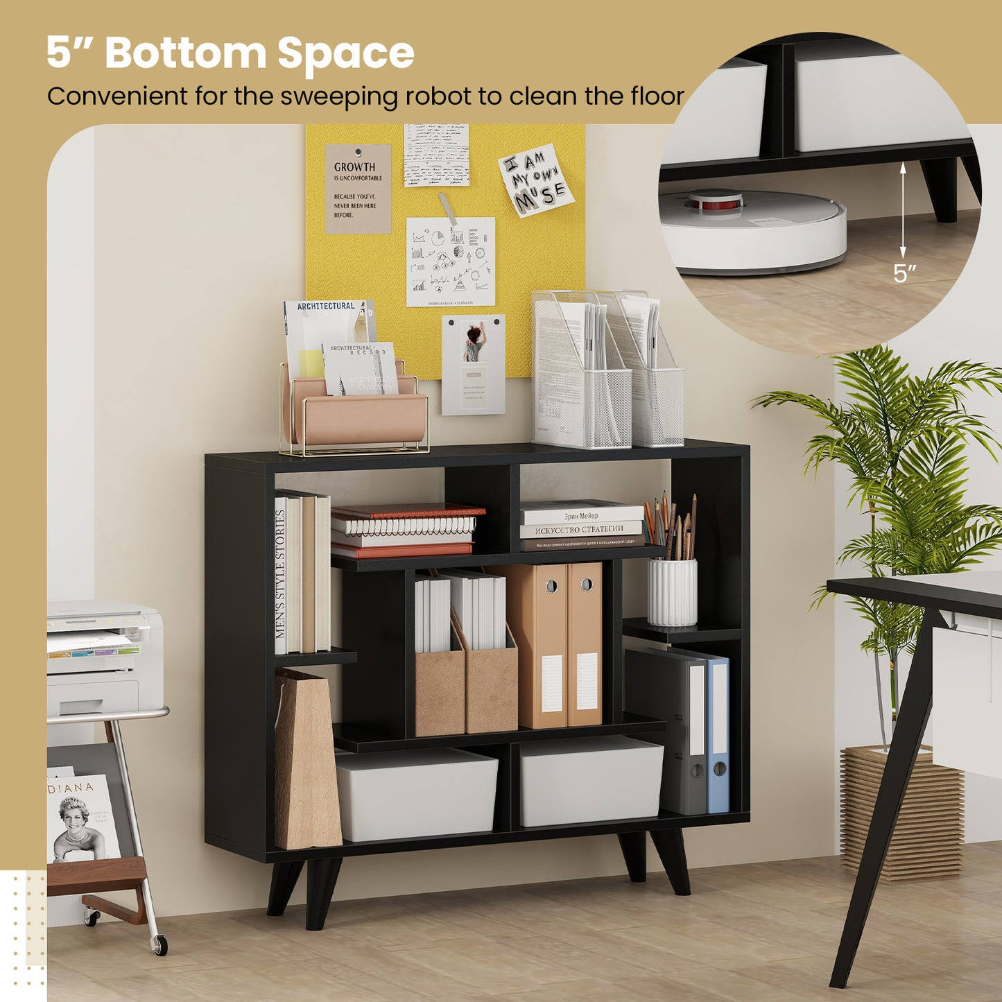 Geometric Bookcase with Anti-Tipping Kit and Storage Shelving Unit-Black Kids Crystal