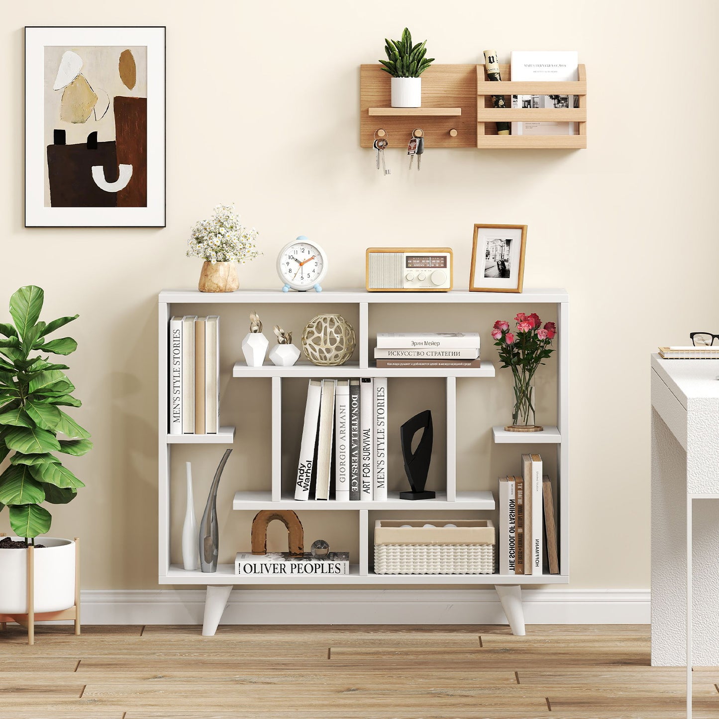 Geometric Bookcase with Anti-Tipping Kit and Storage Shelving Unit-White Kids Crystal