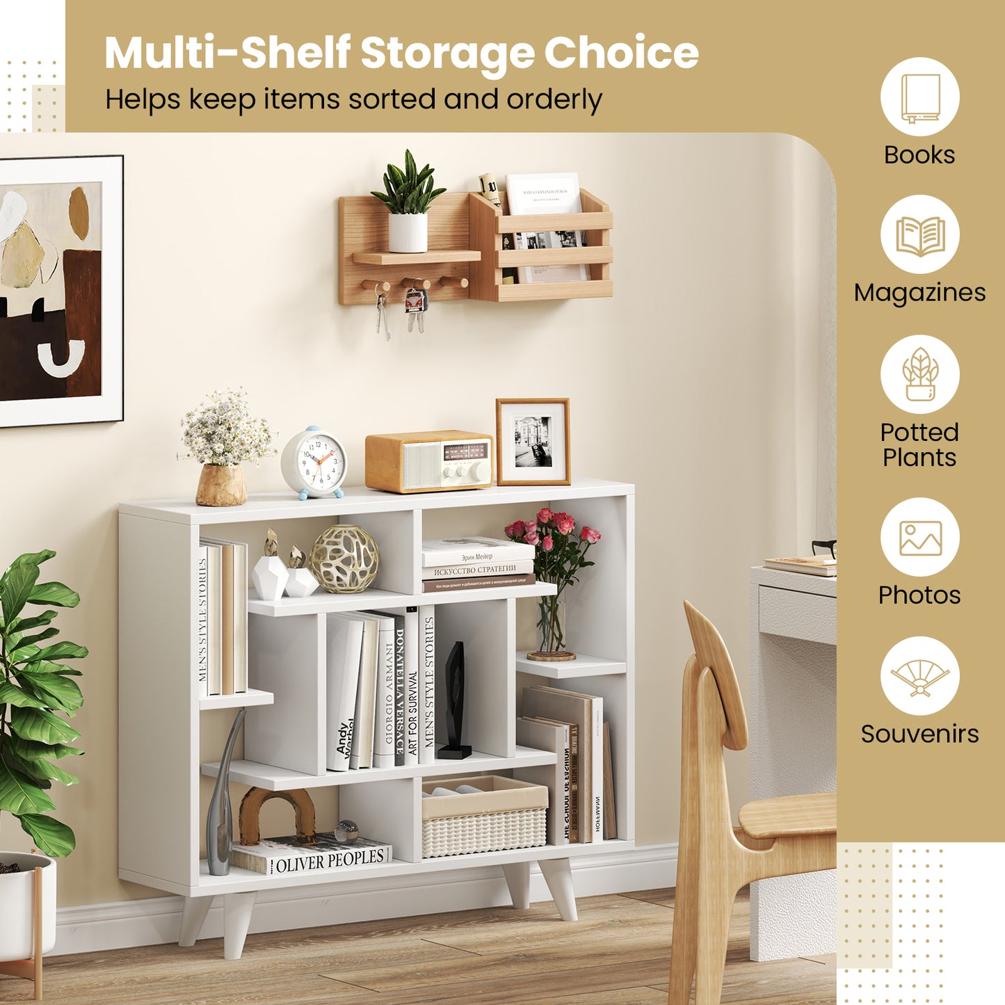 Geometric Bookcase with Anti-Tipping Kit and Storage Shelving Unit-White Kids Crystal