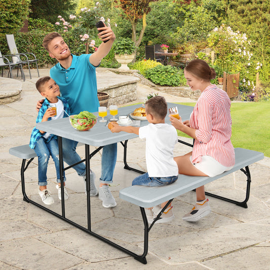 Indoor and Outdoor Folding Picnic Table Bench Set with Wood-like Texture-Gray Kids Crystal