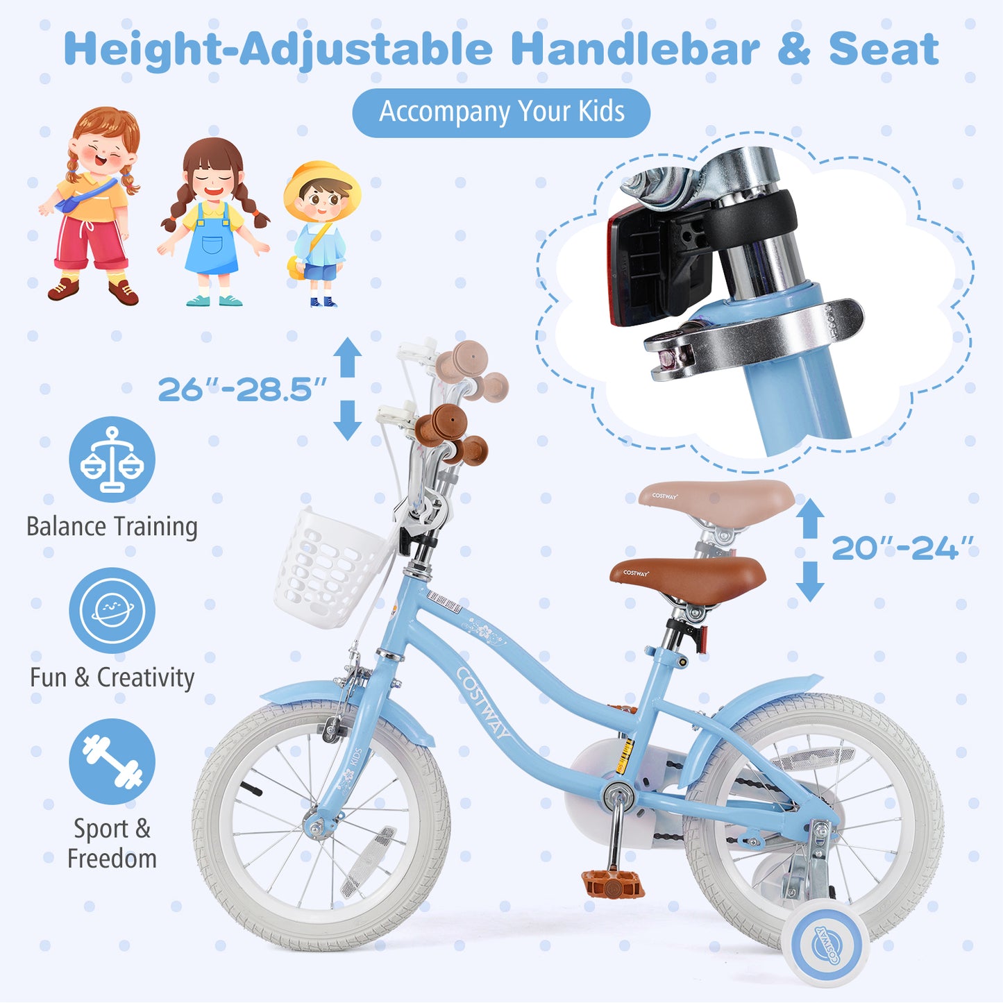 14 Inch Kids Bike with Adjustable Handlebar and Seat for 3-5 Year Old Kids Crystal
