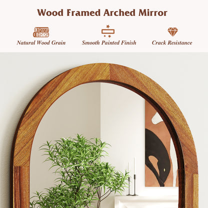 24 Inch x 35 Inch Arched Wall Mirror with Solid Acacia Wood Frame-Brown