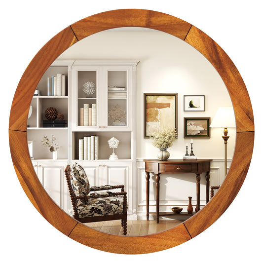 27 Inch Round Wall Mirror with Solid Acacia Wood Frame-Brown Kids Crystal