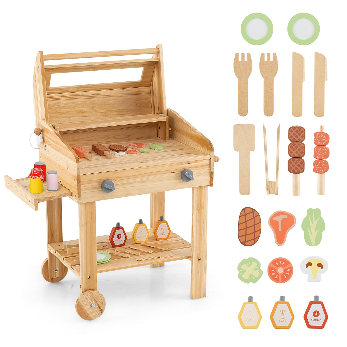 Kids Wooden Barbecue Grill Playset Pretend Kitchen with Food and Wheels-Natural Kids Crystal