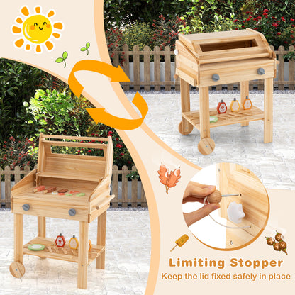 Kids Wooden Barbecue Grill Playset Pretend Kitchen with Food and Wheels-Natural