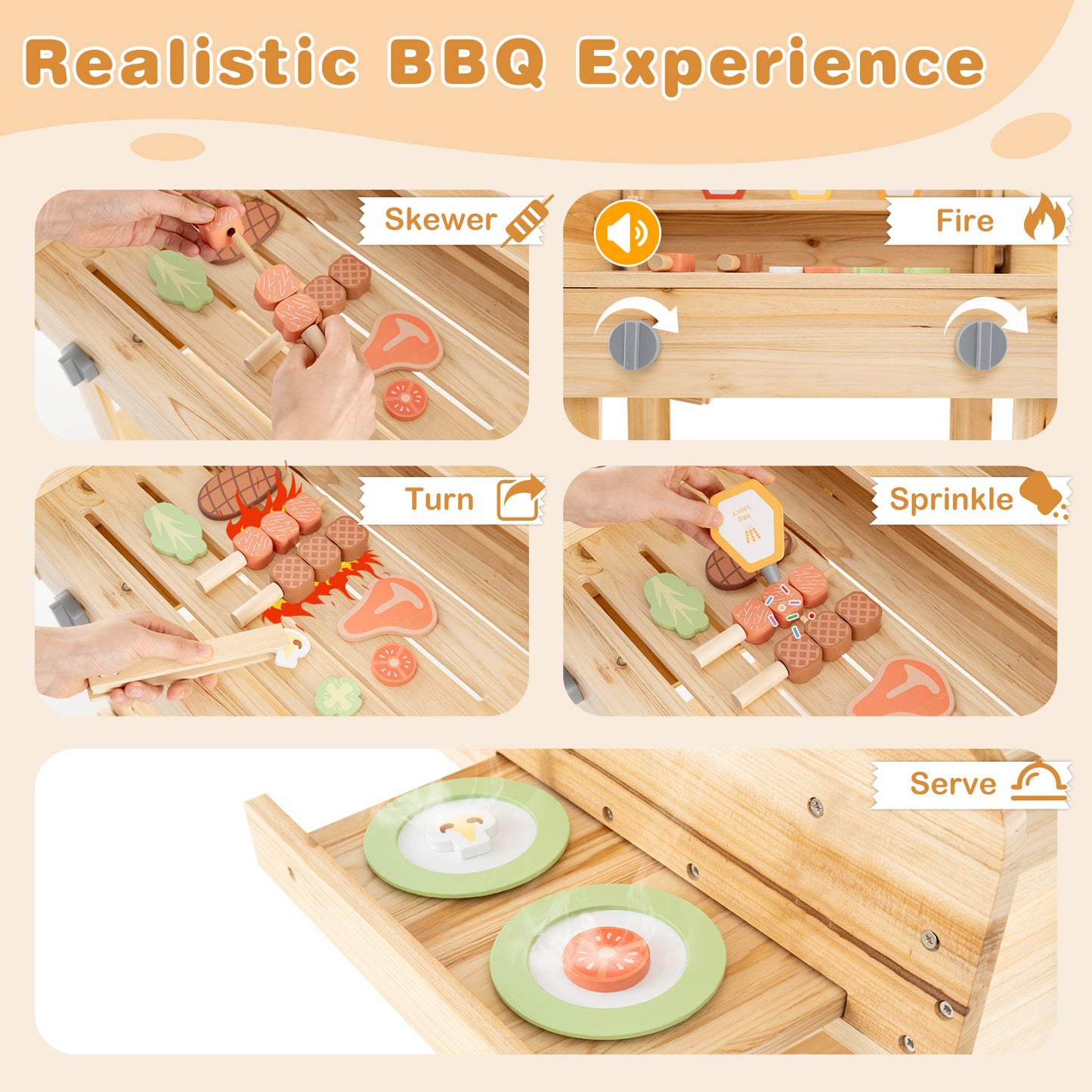 Kids Wooden Barbecue Grill Playset Pretend Kitchen with Food and Wheels-Natural Kids Crystal