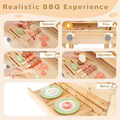 Kids Wooden Barbecue Grill Playset Pretend Kitchen with Food and Wheels-Natural