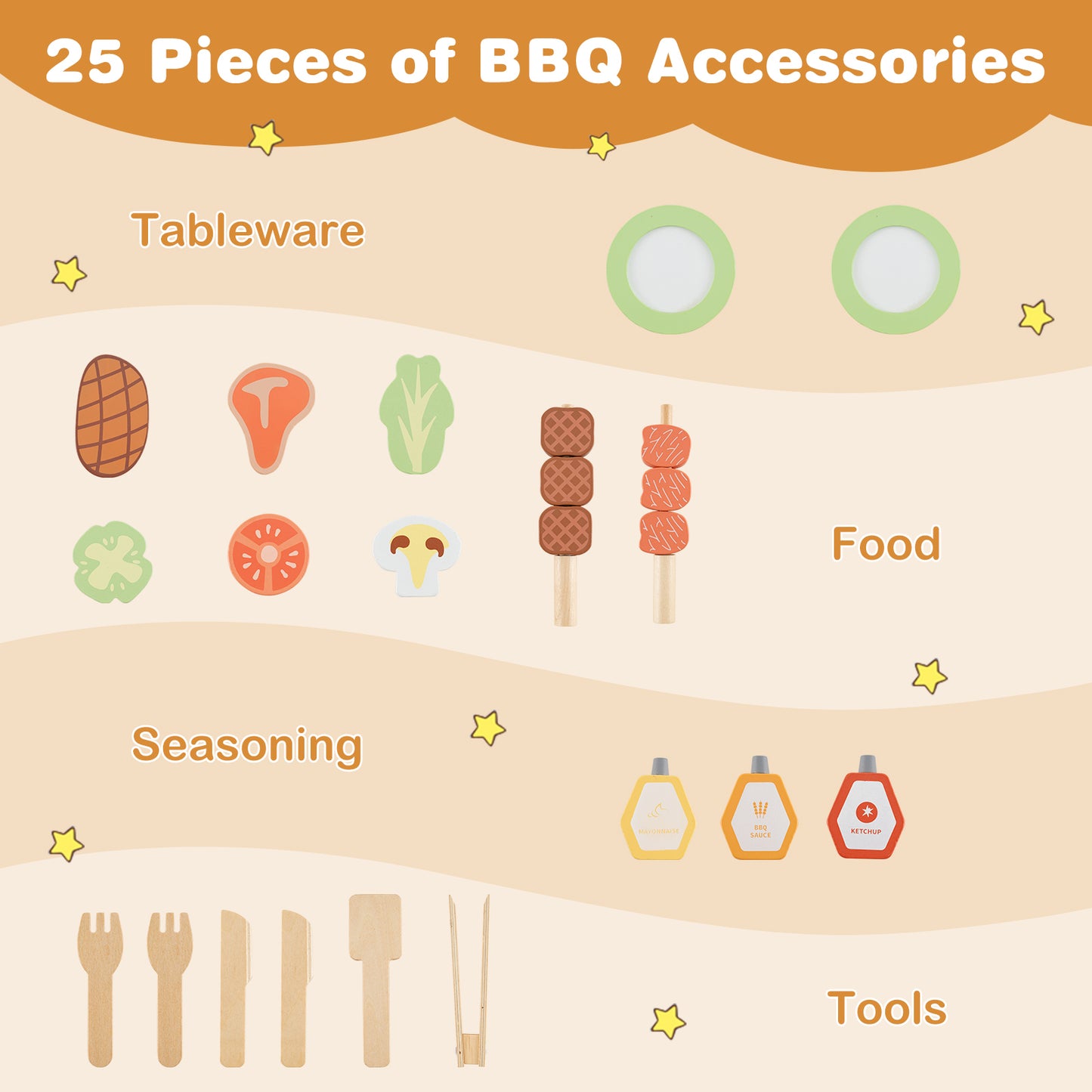 Kids Wooden Barbecue Grill Playset Pretend Kitchen with Food and Wheels-Natural Kids Crystal