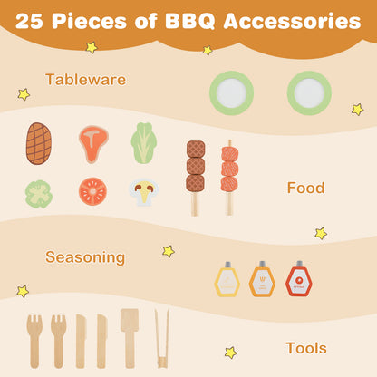 Kids Wooden Barbecue Grill Playset Pretend Kitchen with Food and Wheels-Natural