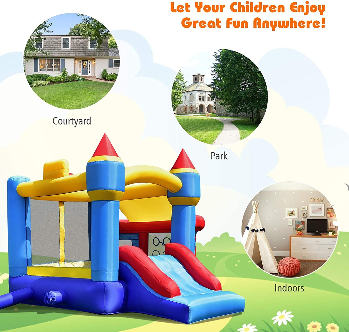 Castle Slide Inflatable Bounce House with Ball Pit and Basketball Hoop Kids Crystal