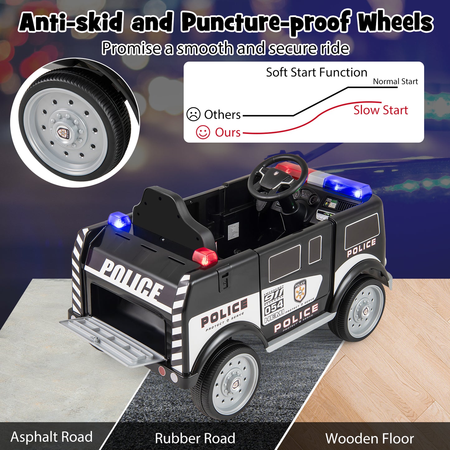 12V Battery Powered Electric Vehicle with 3 Speeds and Megaphone-Black