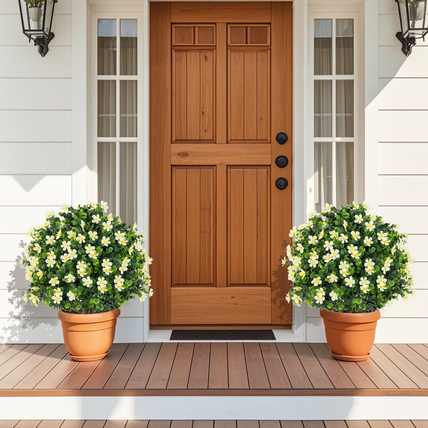 2 Pack Artificial Boxwood Topiary Ball Tree Faux Shrub Bushes with Flowers-White Kids Crystal