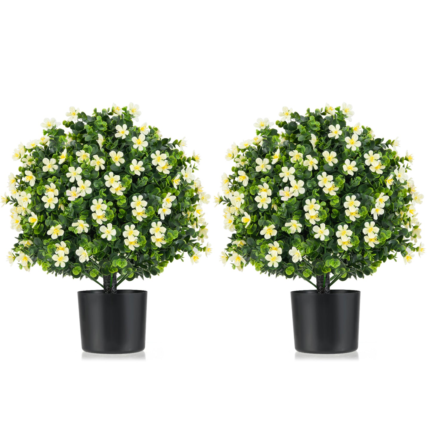 2 Pack Artificial Boxwood Topiary Ball Tree Faux Shrub Bushes with Flowers-White Kids Crystal