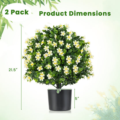 2 Pack Artificial Boxwood Topiary Ball Tree Faux Shrub Bushes with Flowers-White