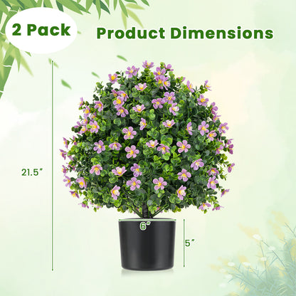 2 Pack Artificial Boxwood Topiary Ball Tree Faux Shrub Bushes with Flowers-Purple