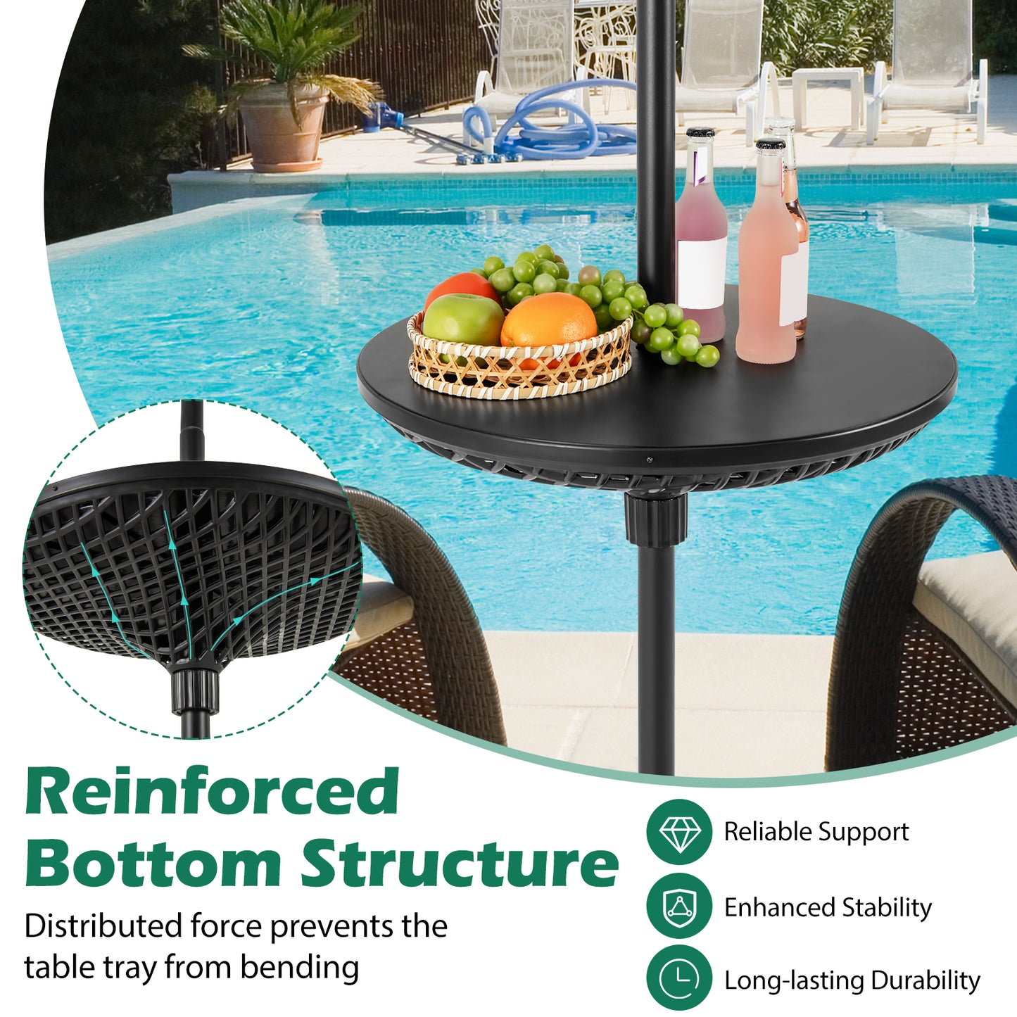 Patio Umbrella Table Tray Adjustable with Umbrella Poles-Black Kids Crystal
