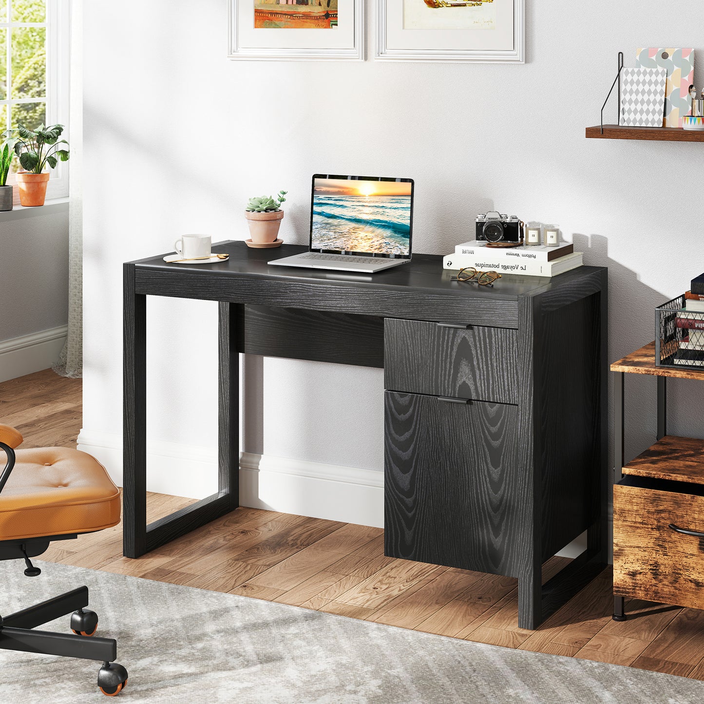 Modern Computer Desk Writing Workstation with Cabinet and Drawer-Black Kids Crystal