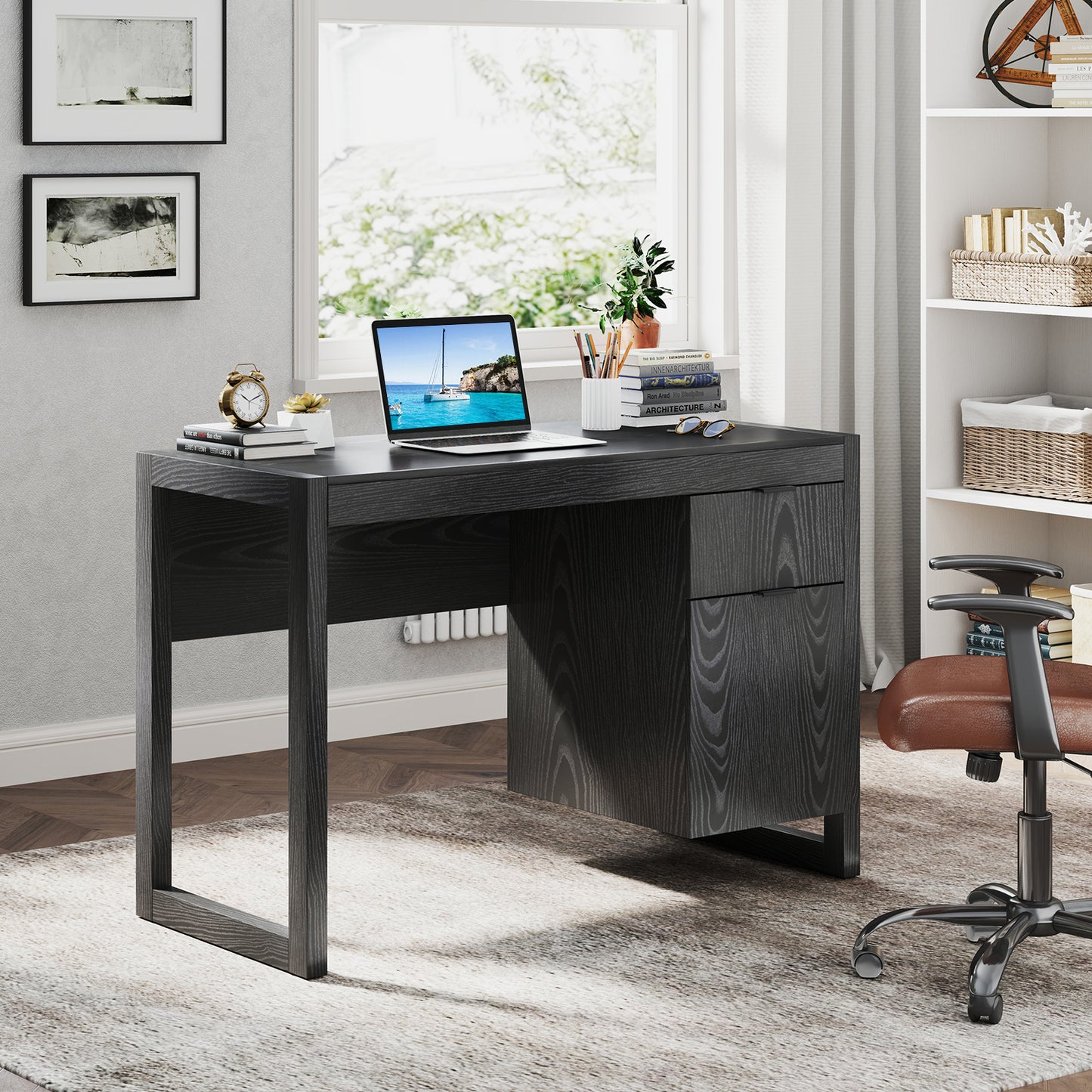 Modern Computer Desk Writing Workstation with Cabinet and Drawer-Black Kids Crystal