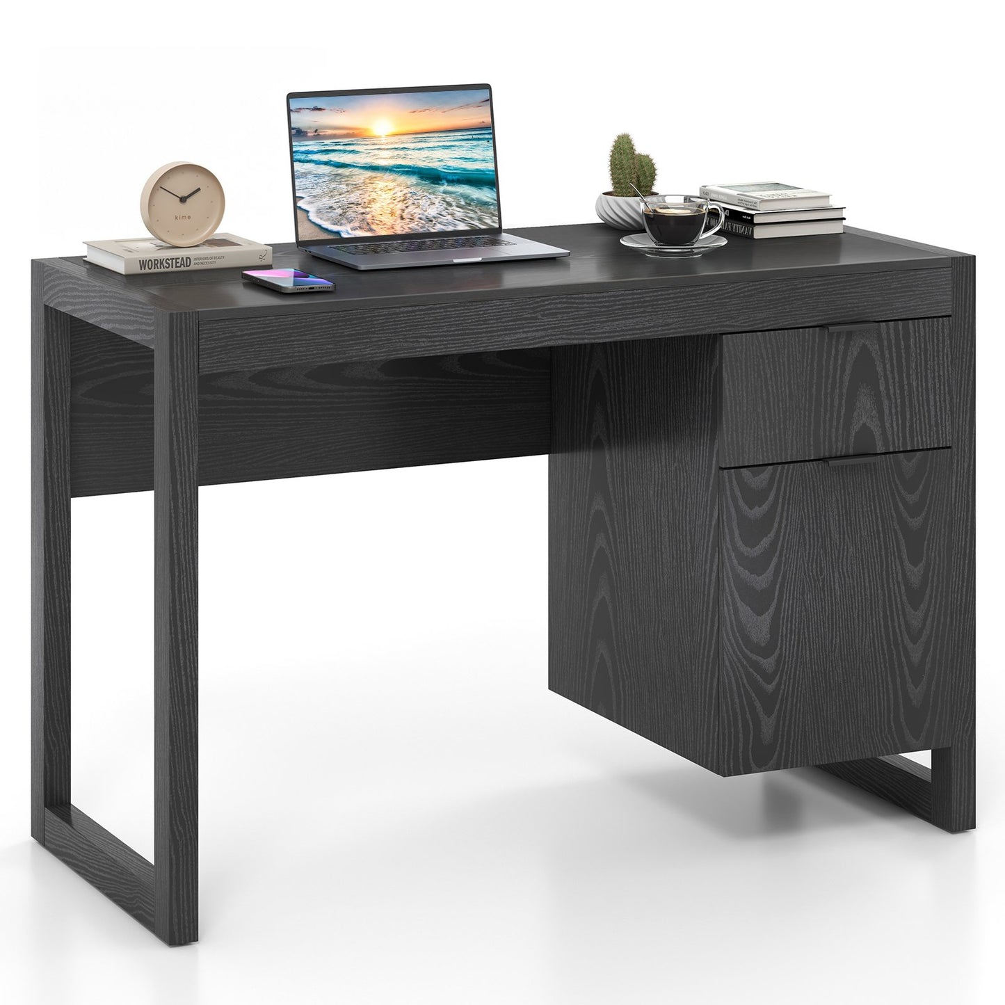 Modern Computer Desk Writing Workstation with Cabinet and Drawer-Black Kids Crystal