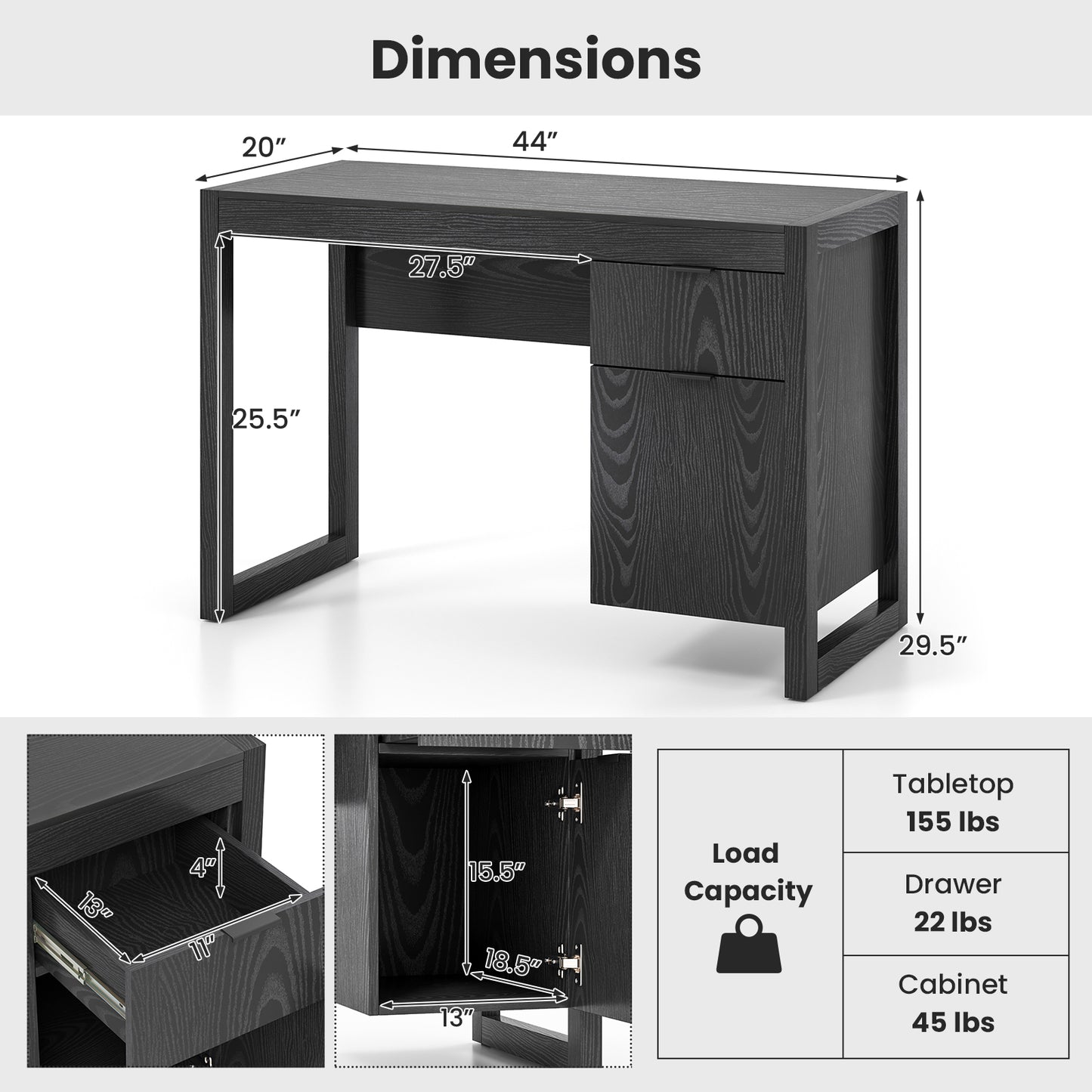 Modern Computer Desk Writing Workstation with Cabinet and Drawer-Black Kids Crystal