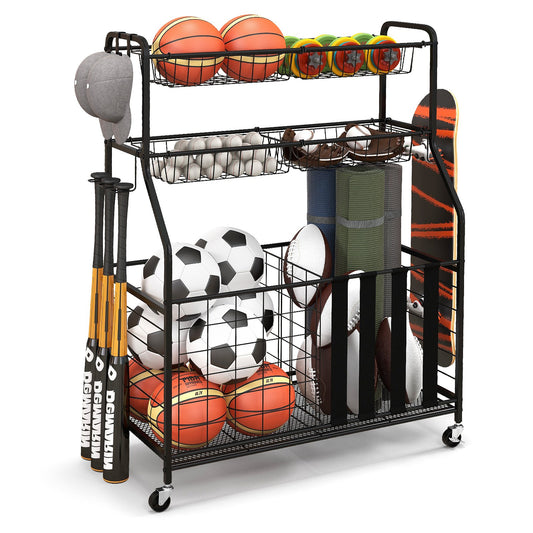Garage Sports Equipment Organizer with Hooks & Baskets for Basketball-Black Kids Crystal