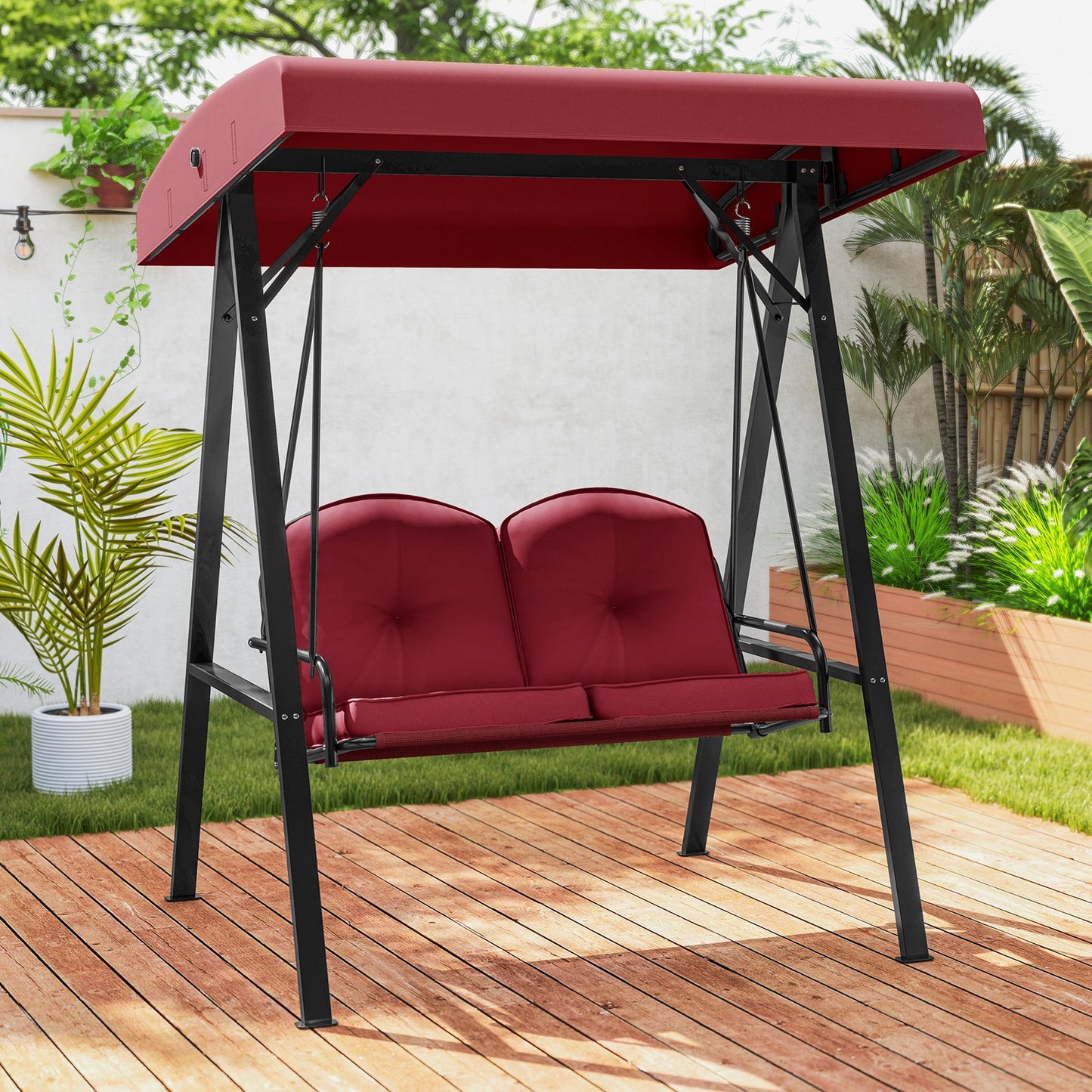 2-Person Outdoor Porch Swing with A-Shaped Metal Stand and Adjustable Canopy-Wine Kids Crystal