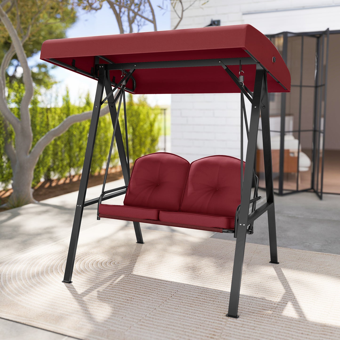2-Person Outdoor Porch Swing with A-Shaped Metal Stand and Adjustable Canopy-Wine Kids Crystal