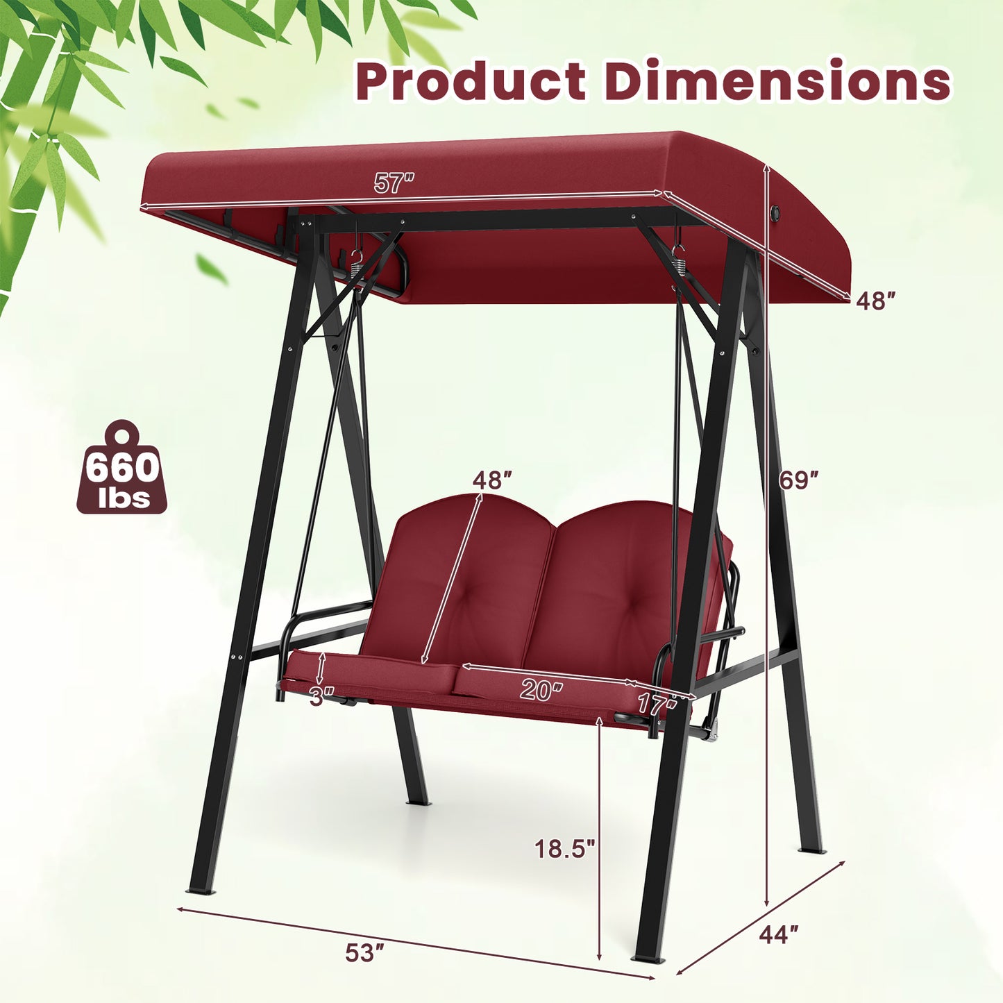 2-Person Outdoor Porch Swing with A-Shaped Metal Stand and Adjustable Canopy-Wine Kids Crystal