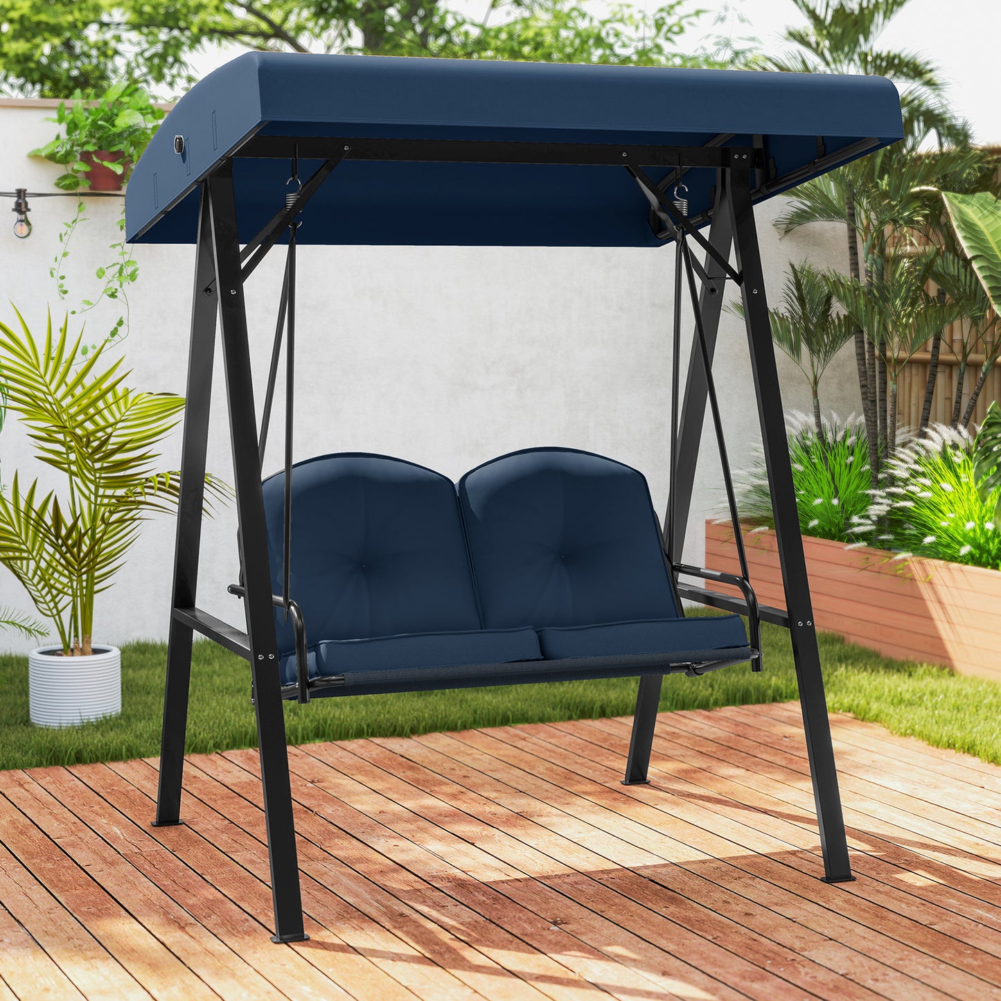 2-Person Outdoor Porch Swing with A-Shaped Metal Stand and Adjustable Canopy-Navy Kids Crystal