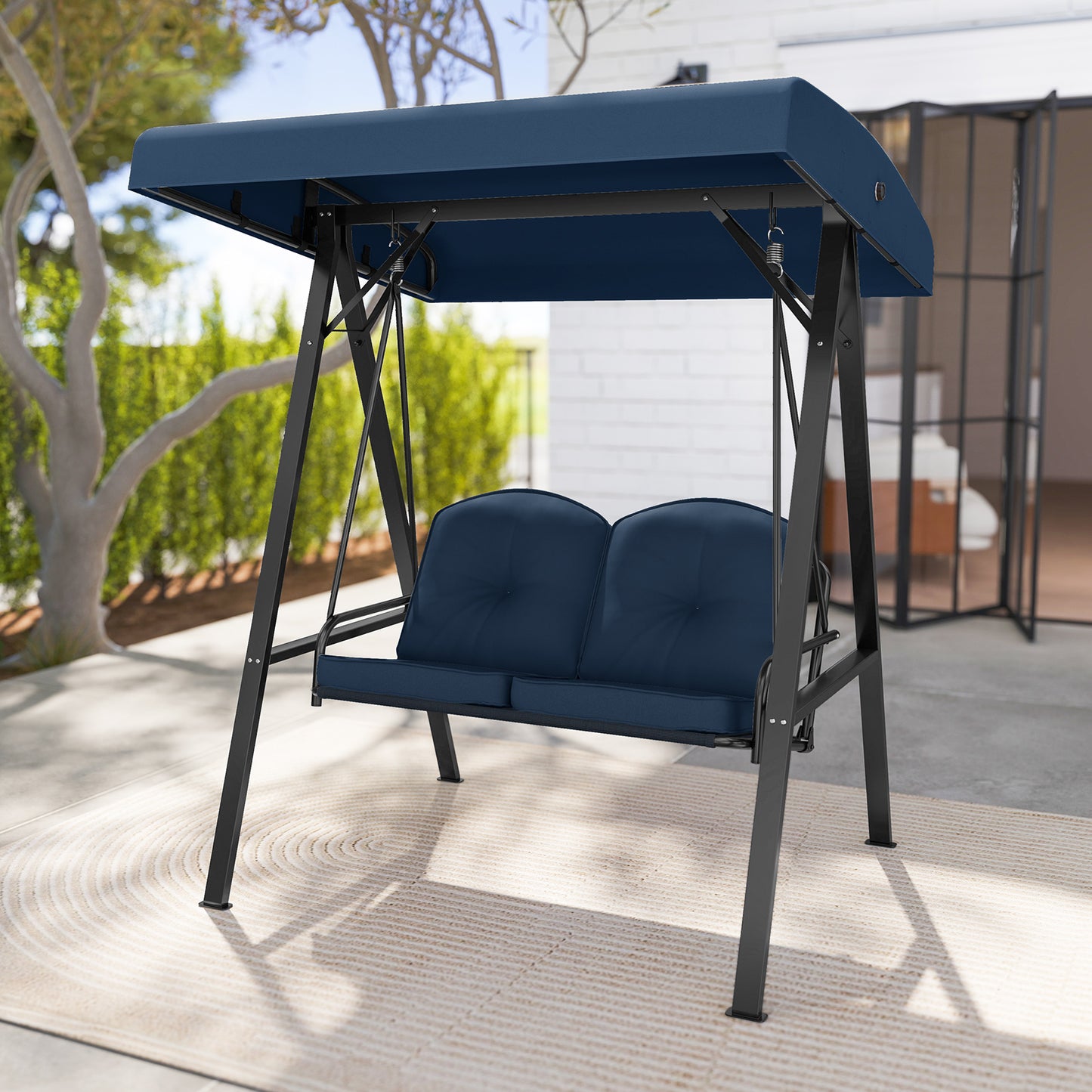 2-Person Outdoor Porch Swing with A-Shaped Metal Stand and Adjustable Canopy-Navy Kids Crystal