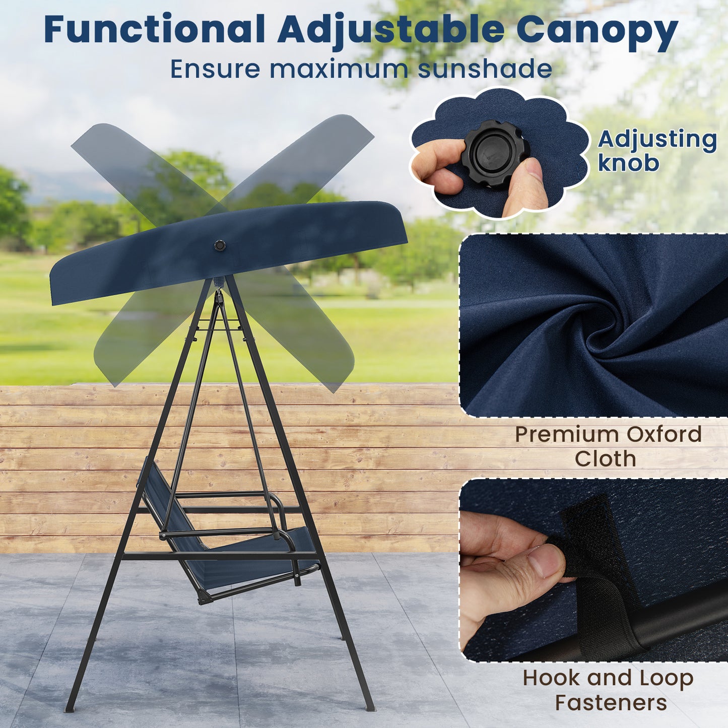 2-Person Outdoor Porch Swing with A-Shaped Metal Stand and Adjustable Canopy-Navy Kids Crystal
