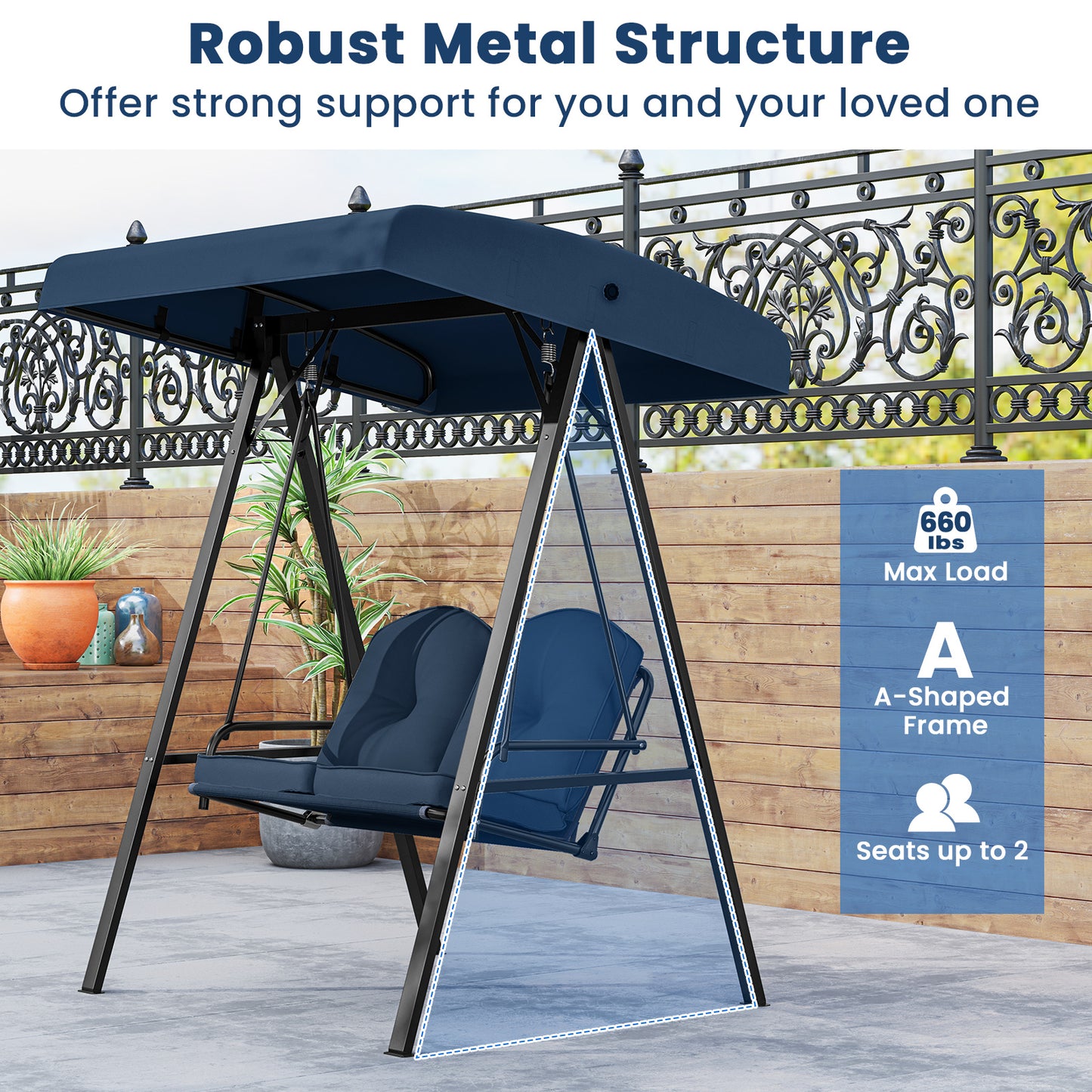 2-Person Outdoor Porch Swing with A-Shaped Metal Stand and Adjustable Canopy-Navy Kids Crystal