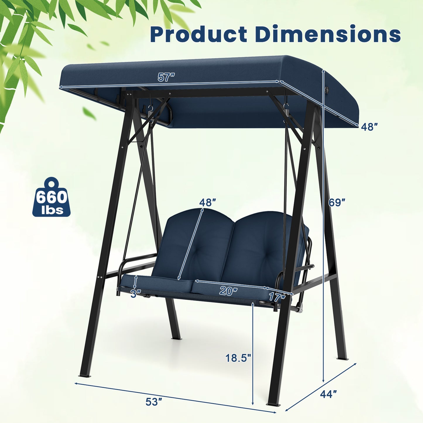 2-Person Outdoor Porch Swing with A-Shaped Metal Stand and Adjustable Canopy-Navy Kids Crystal