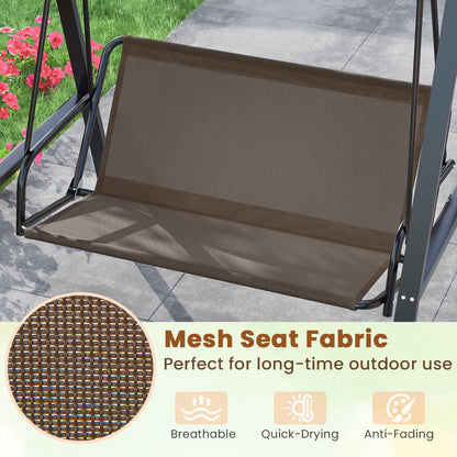 2-Person Outdoor Porch Swing with A-Shaped Metal Stand and Adjustable Canopy-Brown