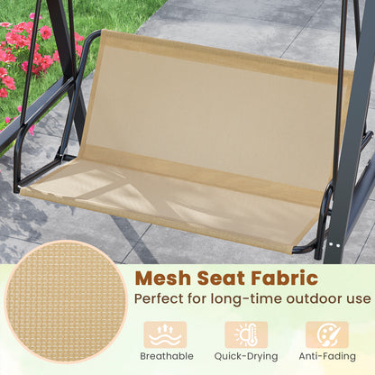 2-Person Outdoor Porch Swing with A-Shaped Metal Stand and Adjustable Canopy-Beige
