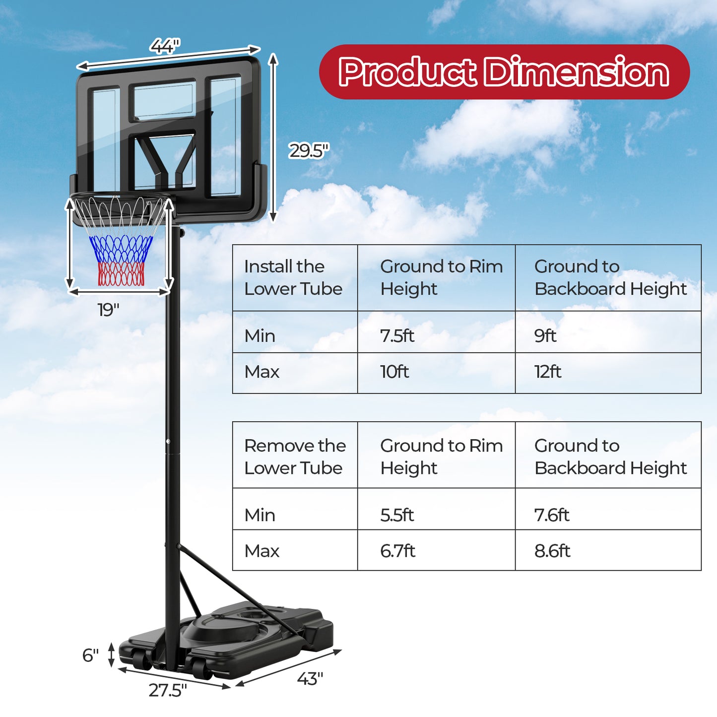 Portable Basketball Hoop with 9-Position Adjustable Height Kids Crystal