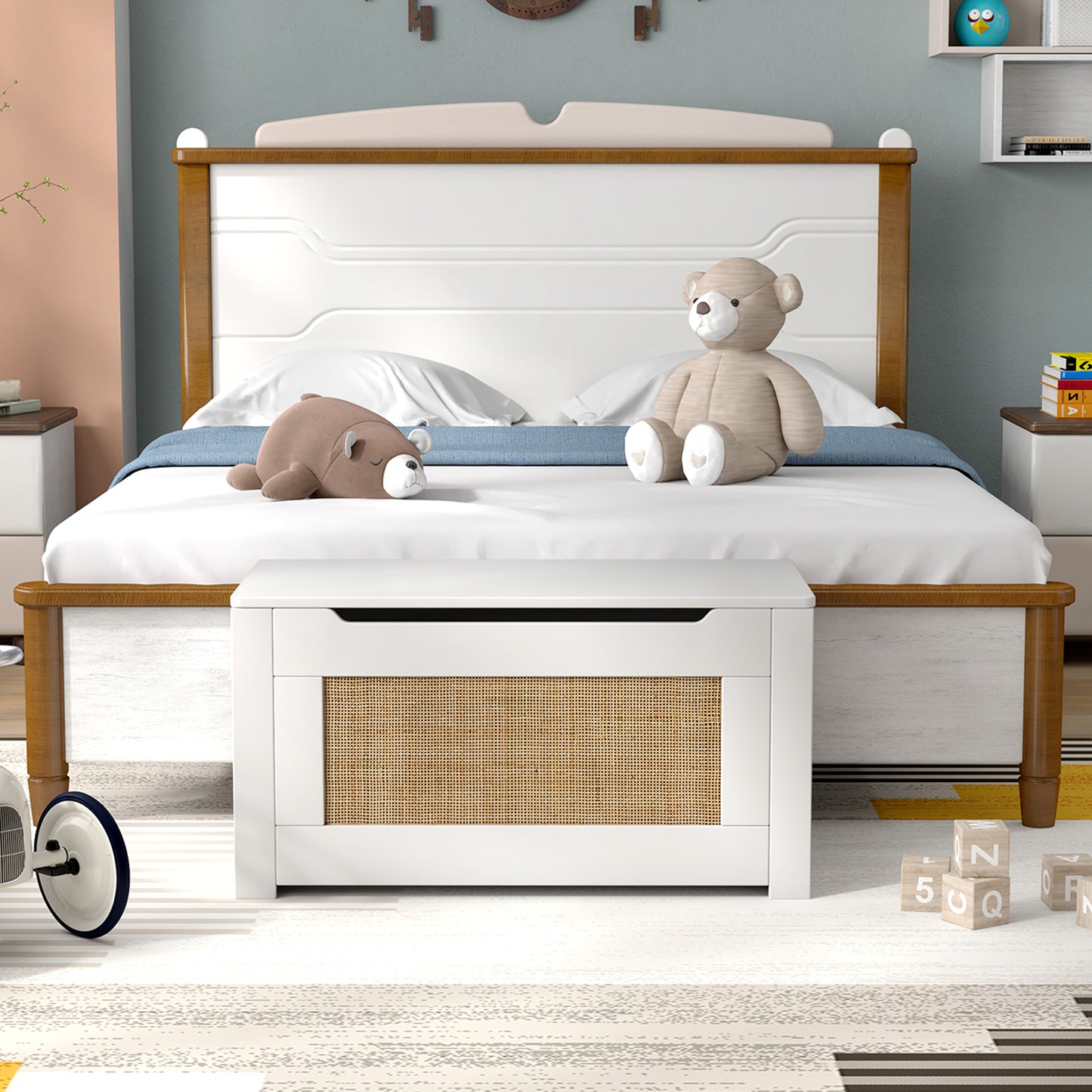 Kids Rattan Toy Storage Box with Flip Top Lid and Safety Hinge Handles-White Kids Crystal