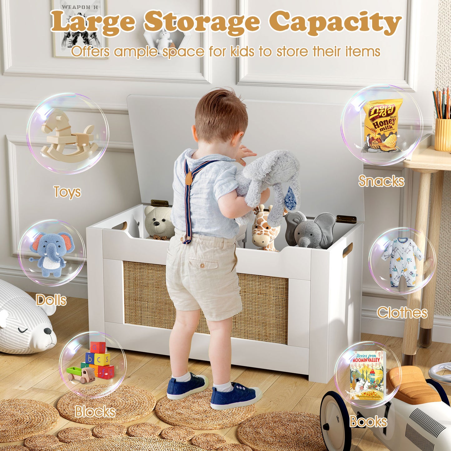 Kids Rattan Toy Storage Box with Flip Top Lid and Safety Hinge Handles-White Kids Crystal