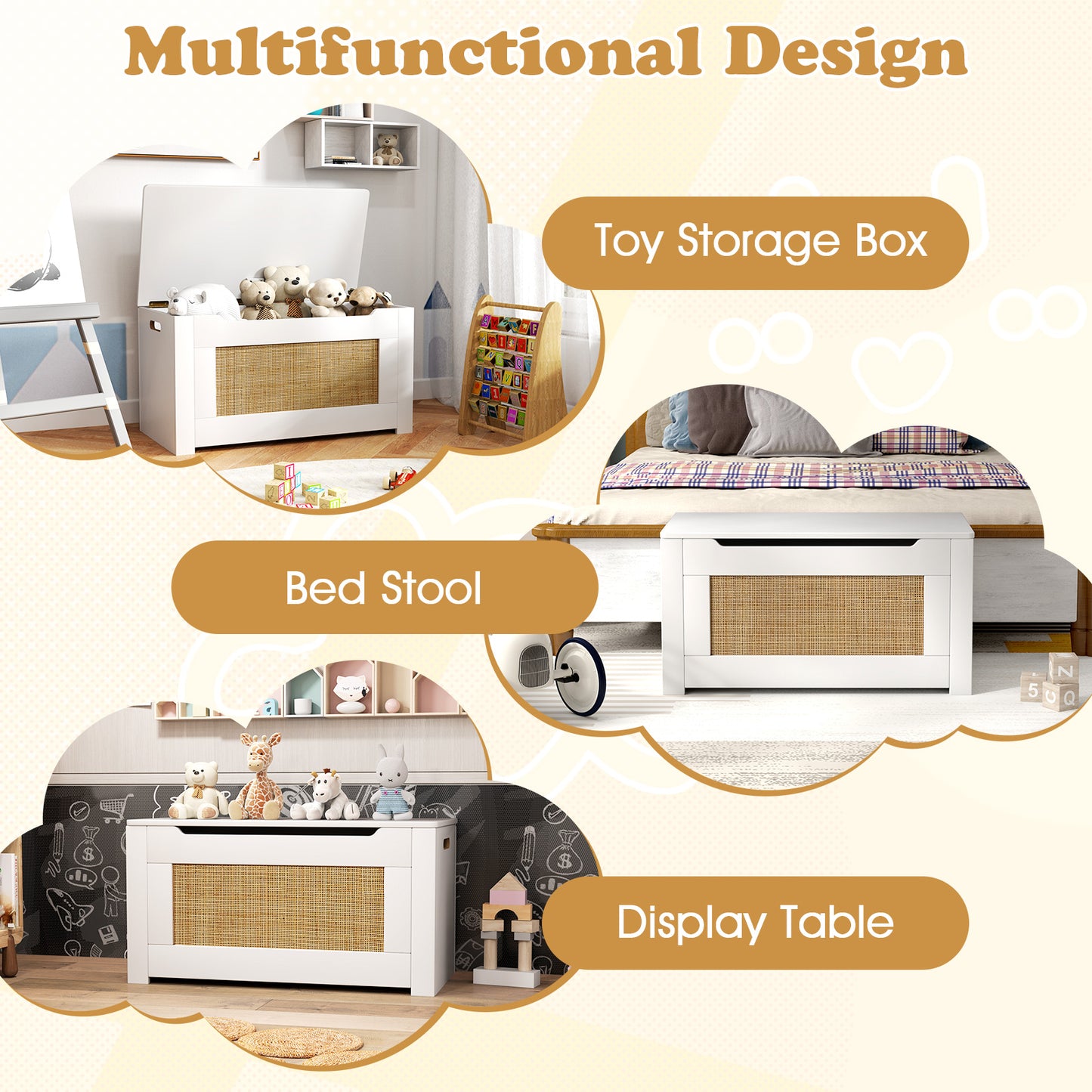 Kids Rattan Toy Storage Box with Flip Top Lid and Safety Hinge Handles-White Kids Crystal