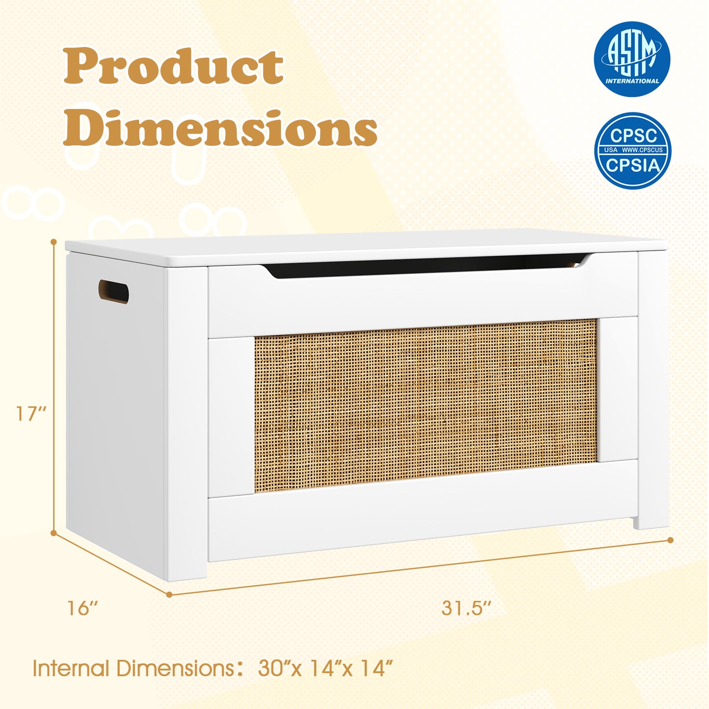 Kids Rattan Toy Storage Box with Flip Top Lid and Safety Hinge Handles-White Kids Crystal
