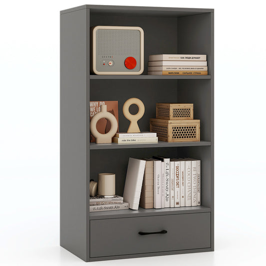 48 Inch Tall 4 Tiers Wood Bookcase with Drawer-Gray Kids Crystal