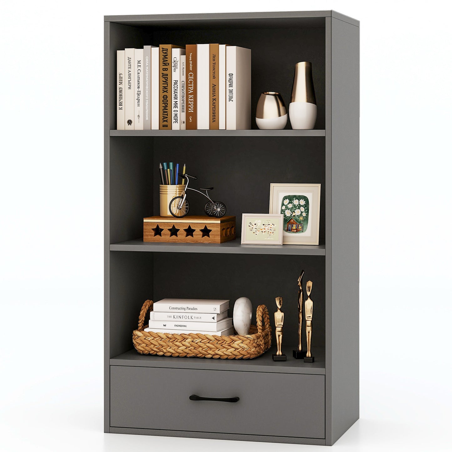 48 Inch Tall 4 Tiers Wood Bookcase with Drawer-Gray Kids Crystal