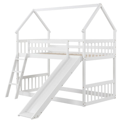 Twin Over Twin House Bunk Bed with Slide and Ladder-White